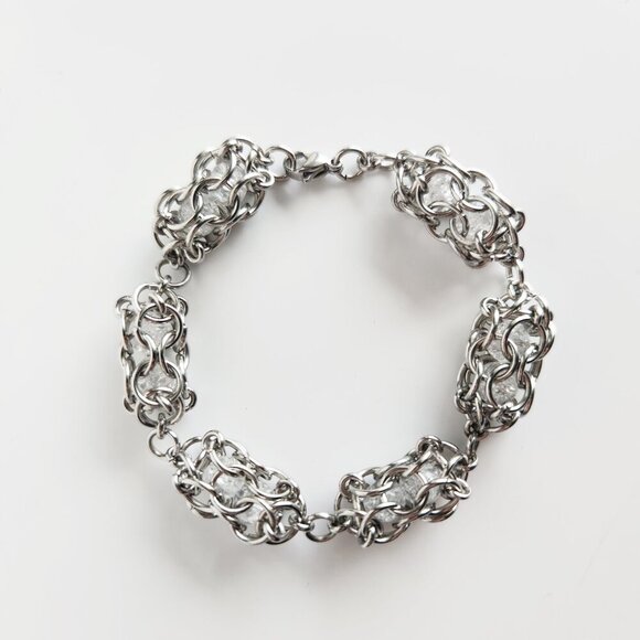 Elegant antique style chainmaille caged beads chunky silver bracelet - Picture 1 of 9